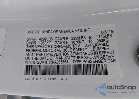 2019 Honda Accord Ex-L из США, поврежденный, VIN 1HGCV1F55KA066663